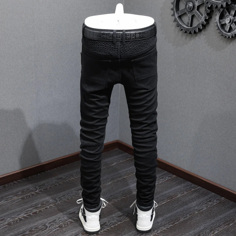 High Street Fashion Men Jeans Black Elastic Stretch Skinny Fit Ripped Jeans Men Zipper Designer Hip Hop Denim Punk Pants Hombre