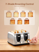 Yabano 4-Scheiben-Toaster, Toaster mit extra breiten Schlitzen und 7 Bräunungsstufen, Auftau- und Aufwärmfunktion