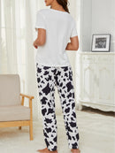 Cow print print pajama set for women simple crewneck pullover short-sleeved top and loose stretch trousers women's loungewear