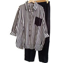 2Pcs/Set Shirt Pants Set Long Sleeve Casual Trendy Elastic Waist Breathable Polyester Stripes Blouse Pants Suit
