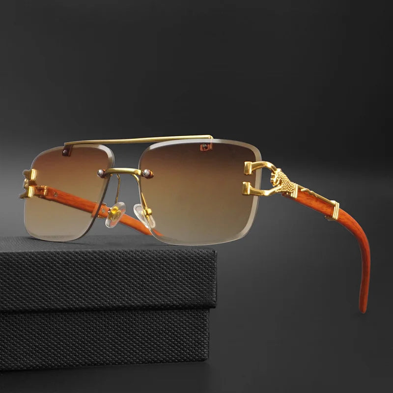 Retro Flat Top Double Bridges Square Metal Frame Men's Sunglasses Luxury Gold Lion Decoration Women's Sun Glasses UV400 Eyewear