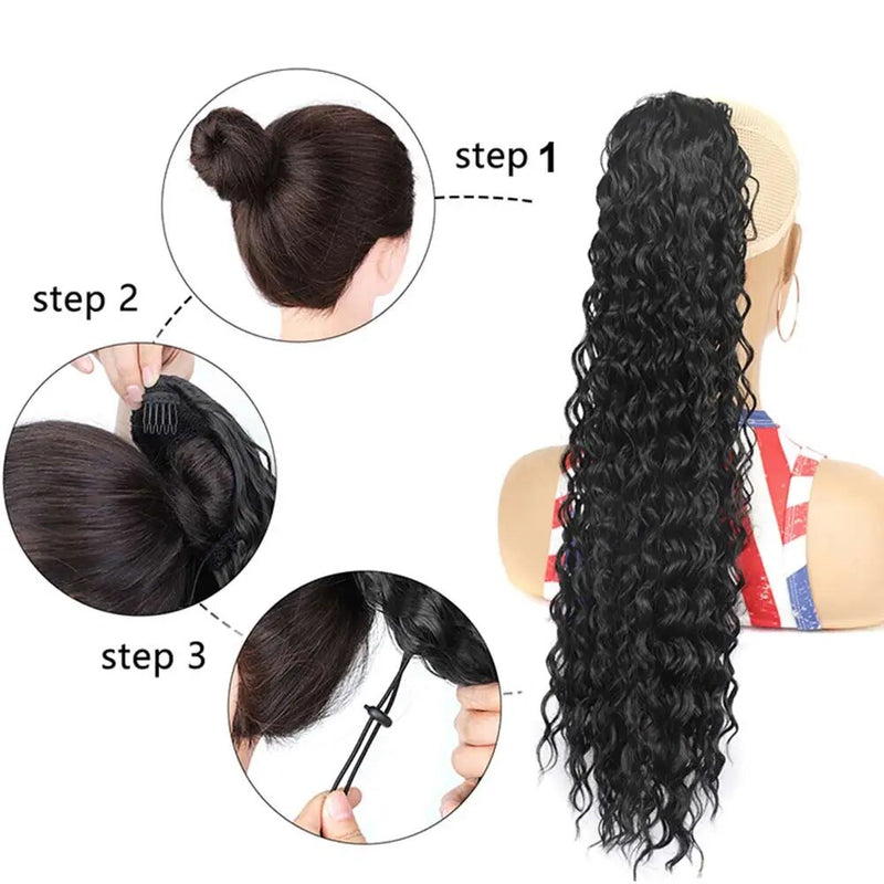 Curly Ponytail Extensions Clip in Synthetic Drawstring Ponytail Wig Long Water Wave Afro Pony Tail Women Hairpiece False 22INCH