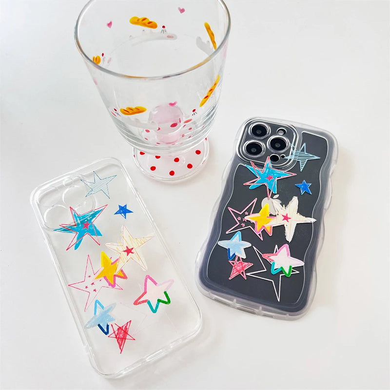 Korean Graffiti Star Clear Phone Case for IPhone 15 11 12 13 14 Pro Max X XS XR SE 7 8 Lovely Transparent Full Coverage Cover