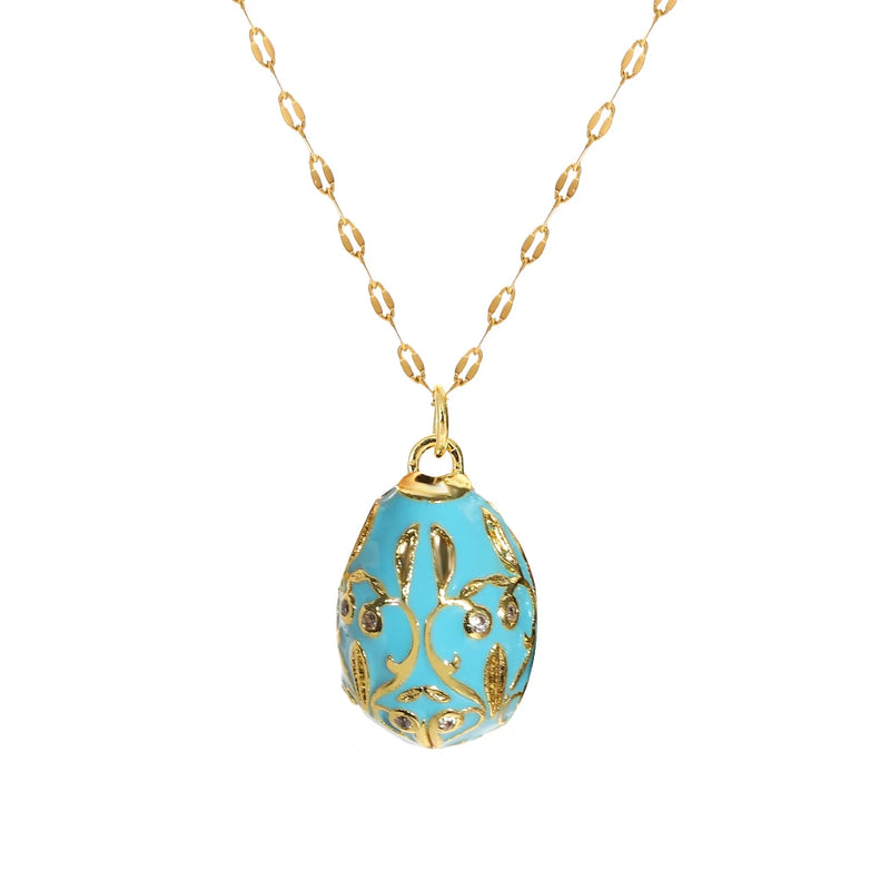Greatera Colorful Enamel Easter Egg Pendant Necklaces for Women Guilloche Locket Egg Gold Plated Chain Necklaces Party Jewelry