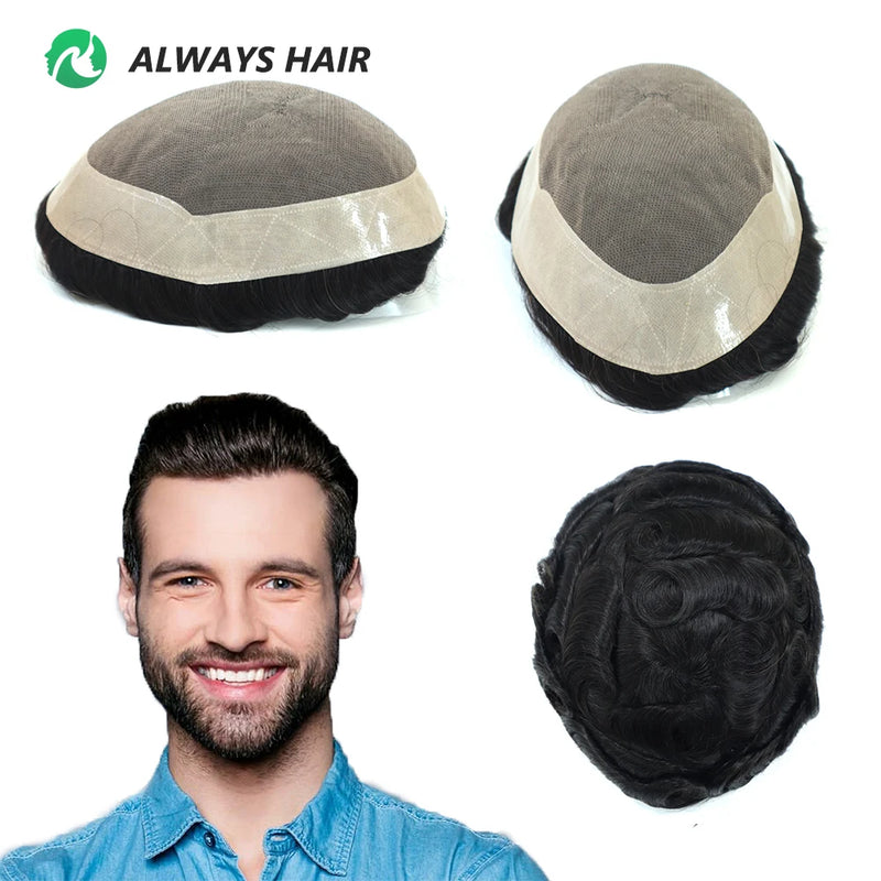 Durable Fine Mono Male Hair Prosthesis 6" Indian Human Hair Toupee 130% Hair Denstiy Natural Wig for Men