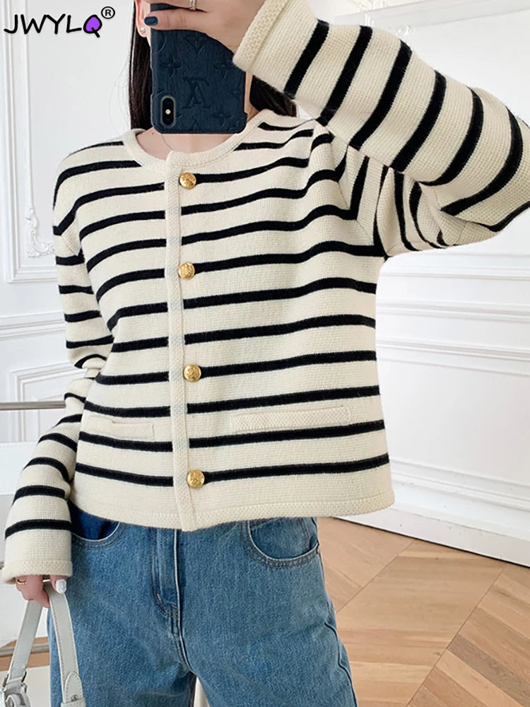 Spring Autumn Stripes Knit Cardigan Womens Elegant Long Sleeve Single Breasted Short Coat Ladies O-neck Apricot Knitted Sweaters