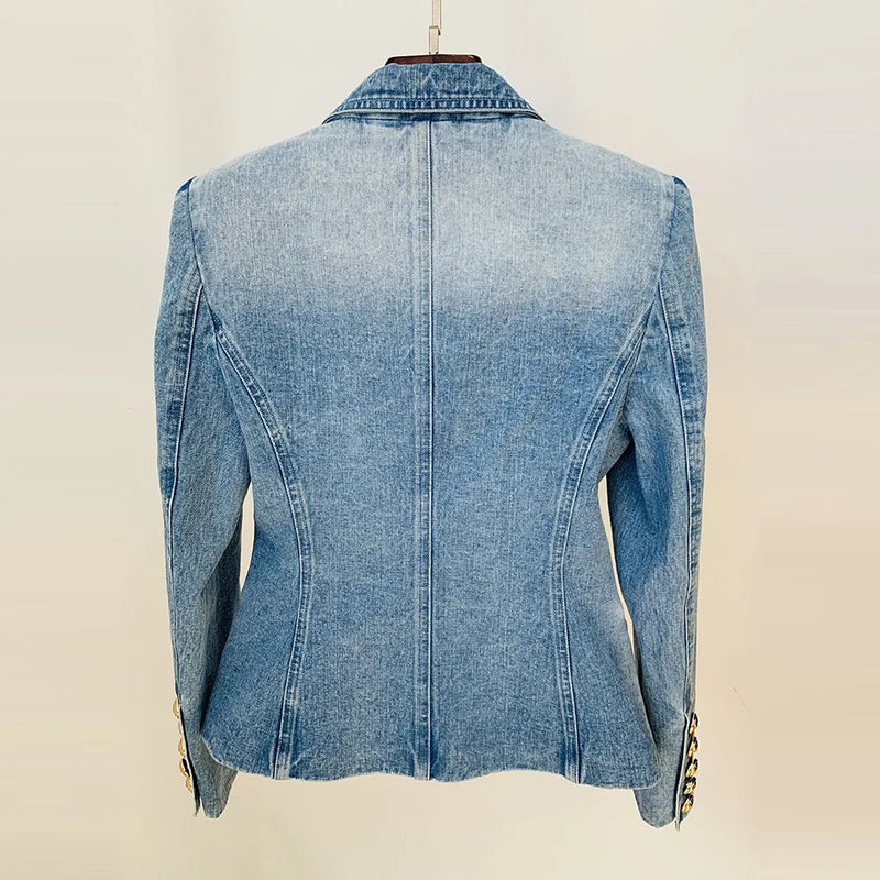 Top Quality Women Washed Denim Jeans Outwear Jackets Double Breasted Slim Short Female Casual Blazer