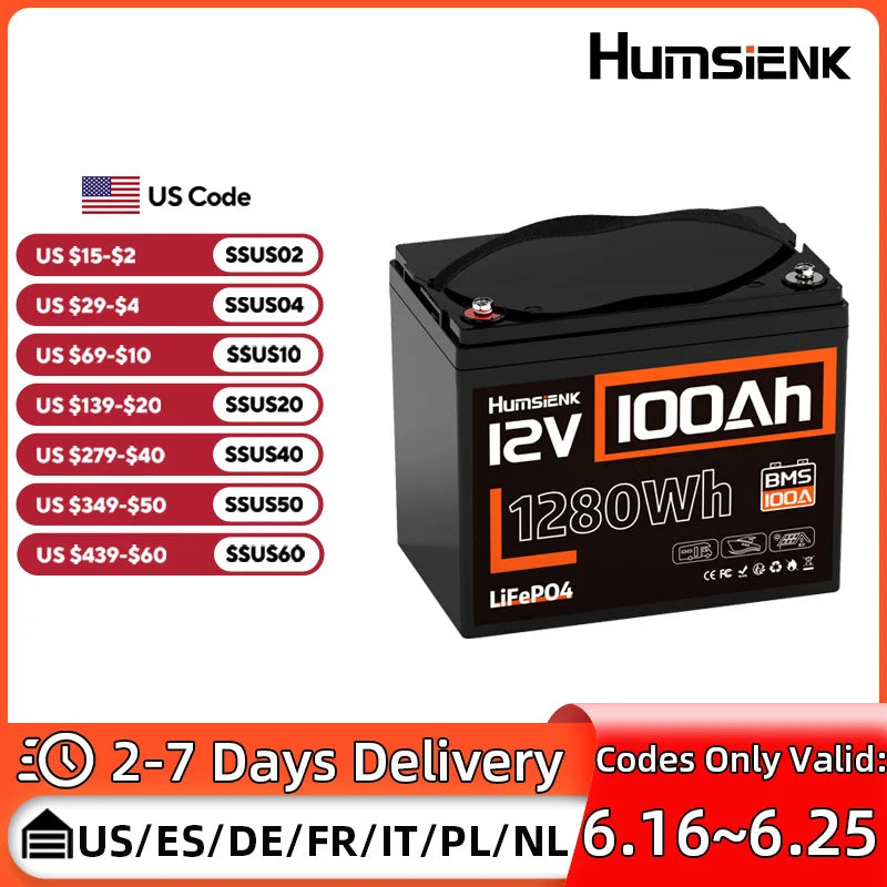 Humsienk LiFePO4 Battery Pack 12V 100Ah 100A BMS Home Energy Storage / Outdoor Power Supply Lithium Iron Phosphate Battery