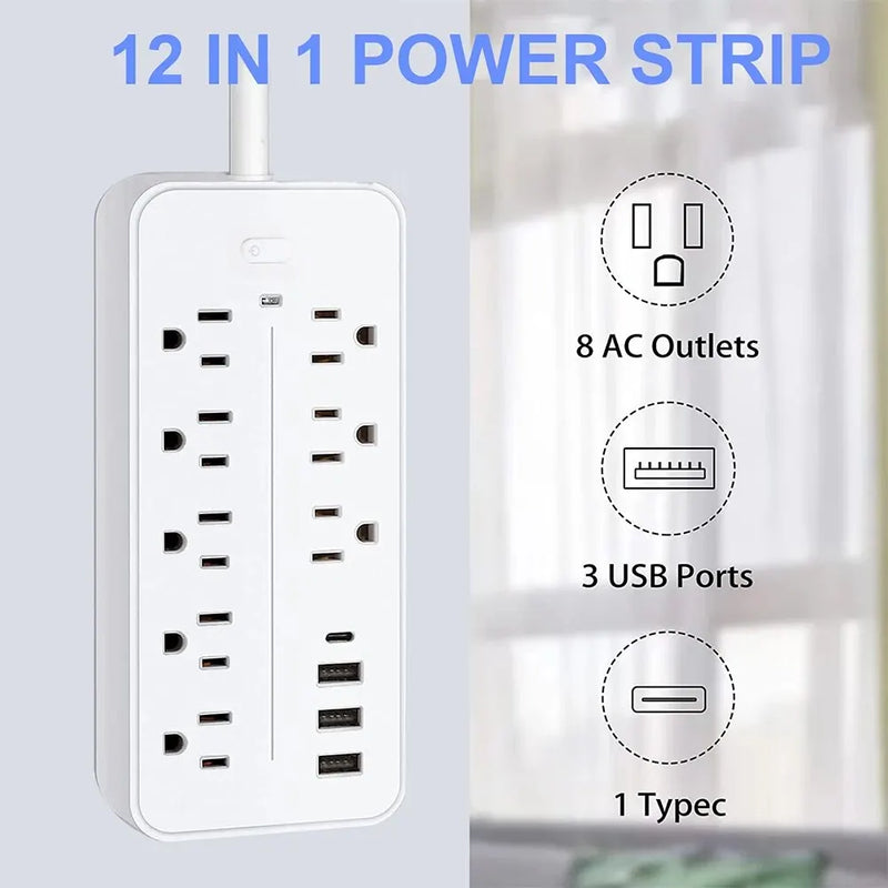 US Plug AC Outlets Power Strip Multitap Socket Extension Cord Electrical With USB Type C Fast Charging Network Filter Adapter