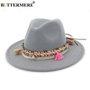 BUTTERMERE Damen Fedora Hut Wolle Khaki Jazz Hüte Weiblich National Lässig Große Krempe Vintage Herbst Klassischer Filzhut und Mütze 2022