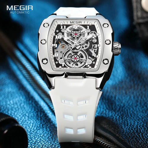 MEGIR 8602 Sport-Automatikuhr Herren wasserdichte mechanische Armbanduhr mit weißem Silikonarmband und Tonneau-Skelettzifferblatt