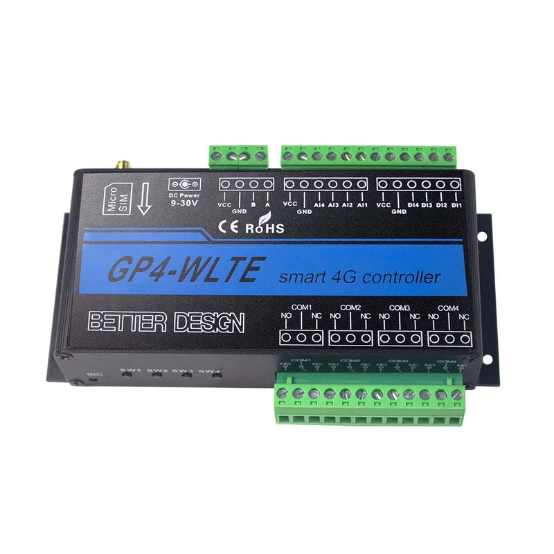 GP4-WLTE Smart 4G Global GSM SMS APP Controller RS485 WEB Control 4 CH 4-20ma Analog Inputs 10A Relay Outputs