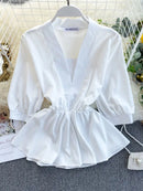 Women's Temperament Shirt Summer Design Ruffles Lace Up Waist Wild Shirt Tide Solid V-Neck Three Quarter Shirts Top ML673