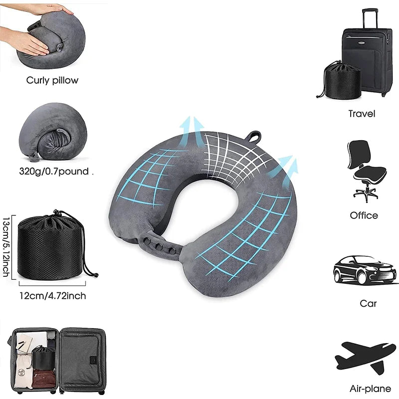 Travel Pillow Memory Foam Head Neck Airplane Pillow Traveling Car Home Office Travel Neck Flight Pillow Snap Strap Soft Cover