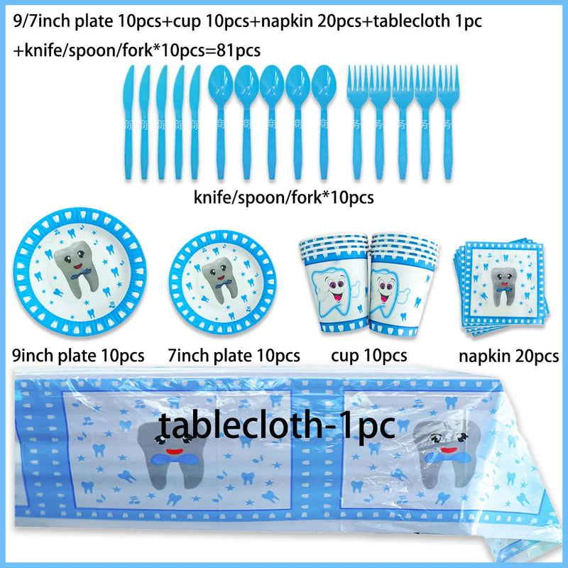 My First Tooth Blue Theme Party Disposable Tableware Stes Boy Girl First Tooth Birthday Party Decor Cups Plates  Napkins Banners
