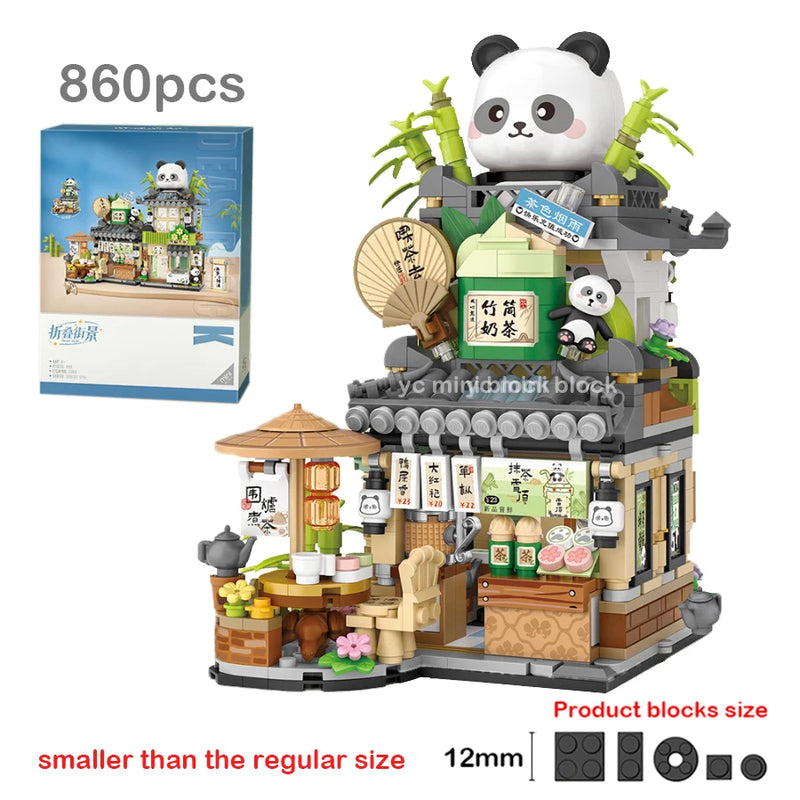 New Cute Little Bear Cafe Flower Shop Panda Tea House Mini Folding Building Block DIY Assembly Puzzle Toys For Kids Adults Gifts