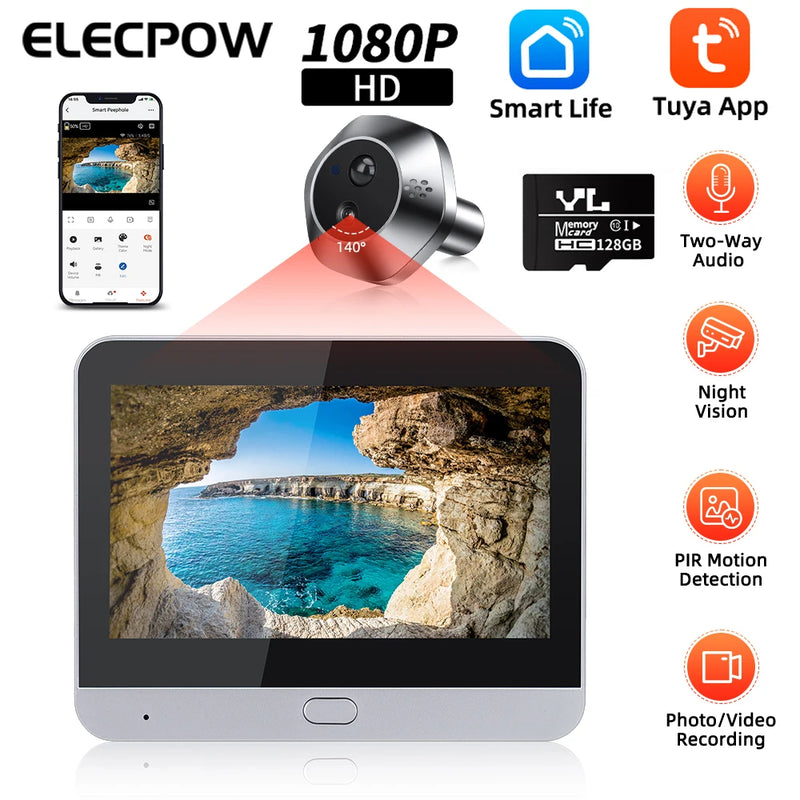 Elecpow Tuya WiFi Video Doorbell Eye Peephole Camera 1080P Smart 4.3Inch PIR Motion Detection Alexa Google Digital Door Viewer