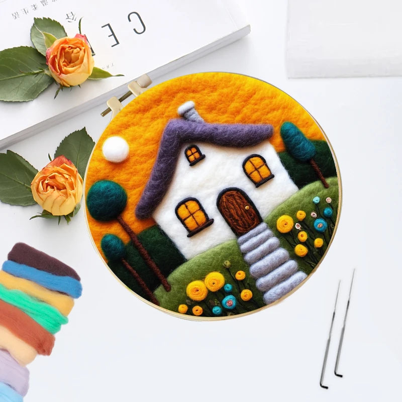 CHENISTORY Wool Felting Painting Needle Wool Painting House Landscape Plants Handmade Home Decor For Adults