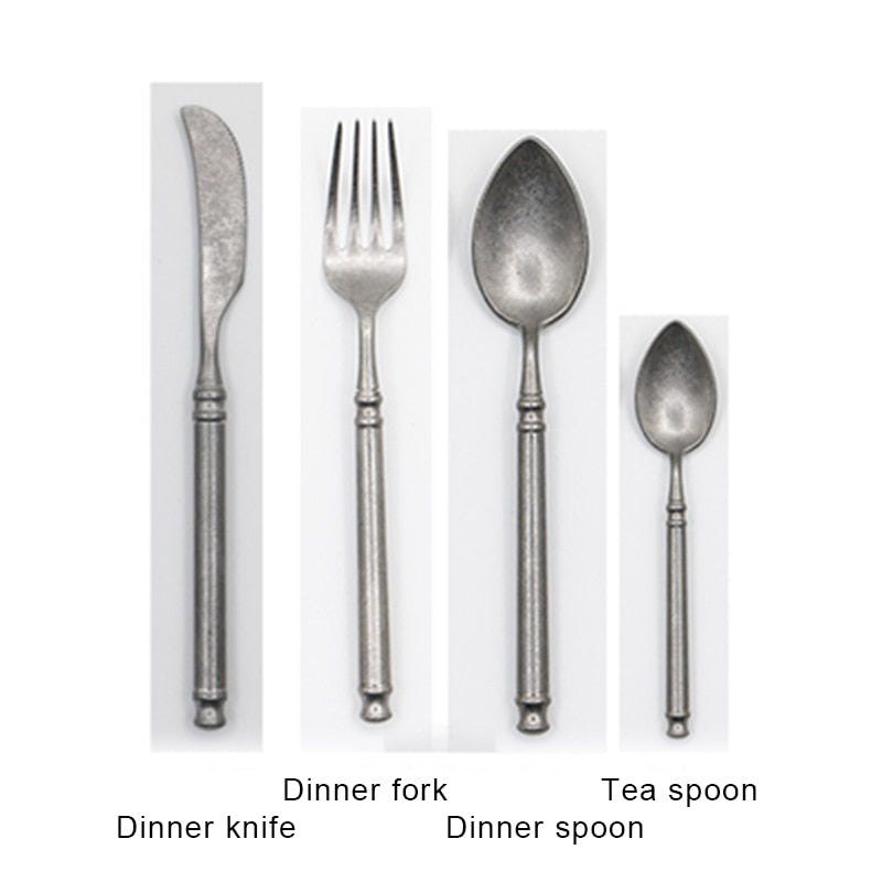 Retro Scrub 304 Stainless Steel Flatware Kitchen Cutlery Set Steak Knife Fork Spoon Set Dessert Fork Vintage restaurant Cutlery