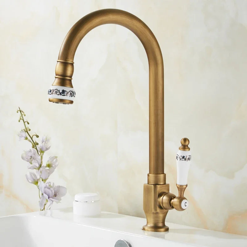 Kitchen Faucet Single Cooling Antique Brass Balcony Sink Faucet Vanity 360°Swivel Rotate Spout Only Cold Water Tap