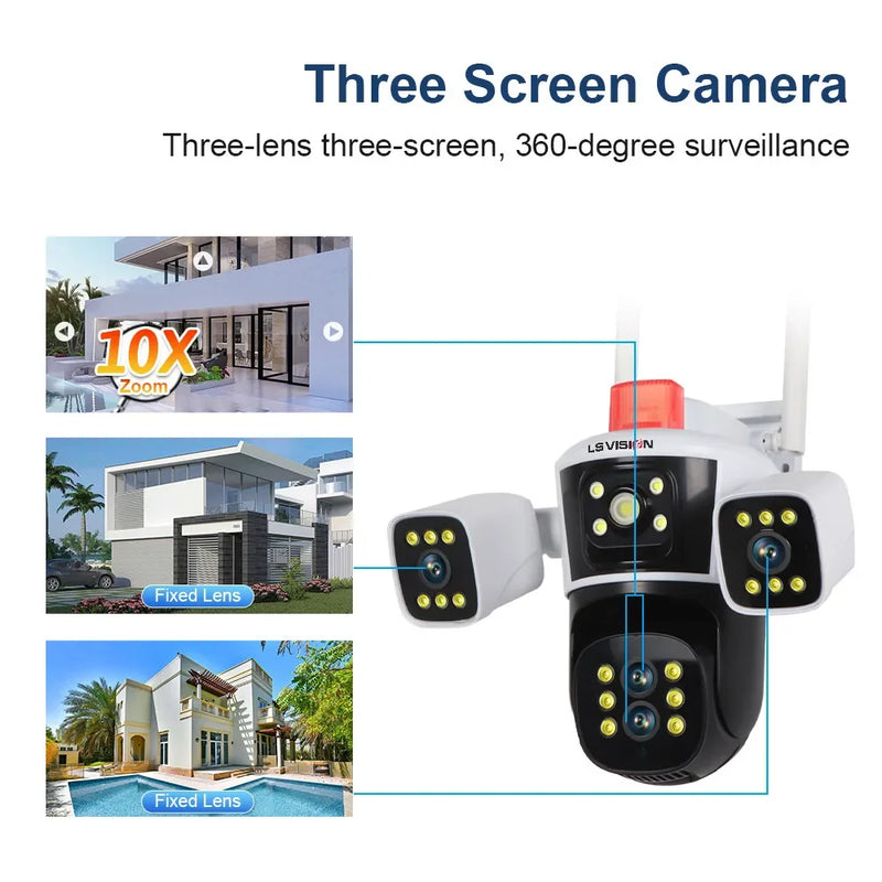 LS VISION 16MP 8K Three Screens Wifi IP Camera PTZ  Four Lens 10X Zoom Outdoor AI Human Tracking CCTV Wifi Surveillance Camera