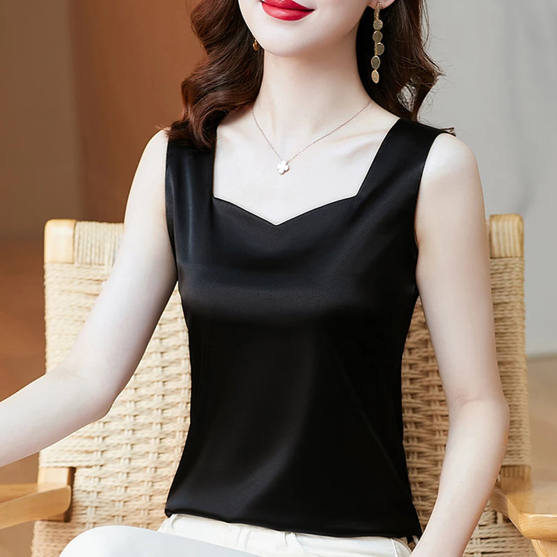 Korean Fashion Summer Silk Tank Tops Women Office Lady Solid Satin Camisole Vest Female Casual Loose Basic Tops For Women
