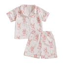 Kids Easter Satin Pajamas Set with Bunny Print Short Sleeve Lapel Button Down Tops and Shorts Sleepwear for Boys and Girls