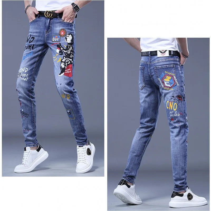 Fashion Printed Jeans Men's Korean Brand Embroidery Badge Pattern Youth Ripped Small Feet Teenagers Cowboy Pencil Pants