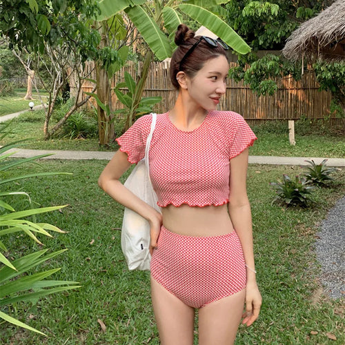 New Plaid High Waist Bikinis Two Piece Swimsuit Women Swimwear Short Sleeve Beach Wear Bathing Suits Korean Bikini Set Pool 2024