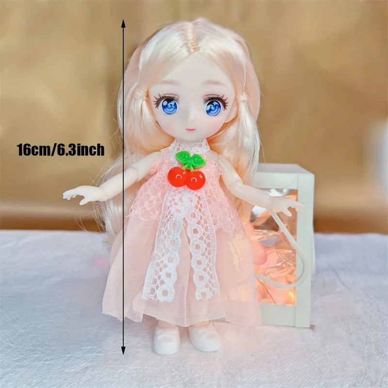 1/8 16CM BJD Doll Ball Jointed Body Anime Eyes Cute Madeup Full Set With Fashion Clothes Headdress DIY Toys For Girl Gift