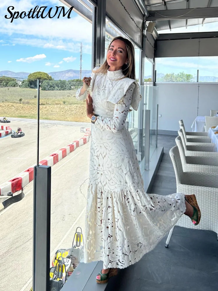 White Lace Stand Collar Long Sleeve Maxi Dress Women Hollow Out Shoulder Padded Dresses 2024 Spring Elegant Lady Casual Robes