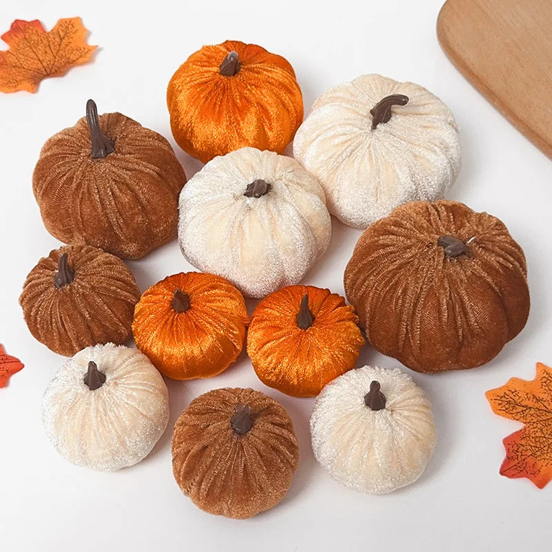 9Pcs Velvet Artificial Pumpkin Ornaments Halloween Party Thanksgiving Dinner Table Decoration Autumn Fall Home DIY Craft Wreath