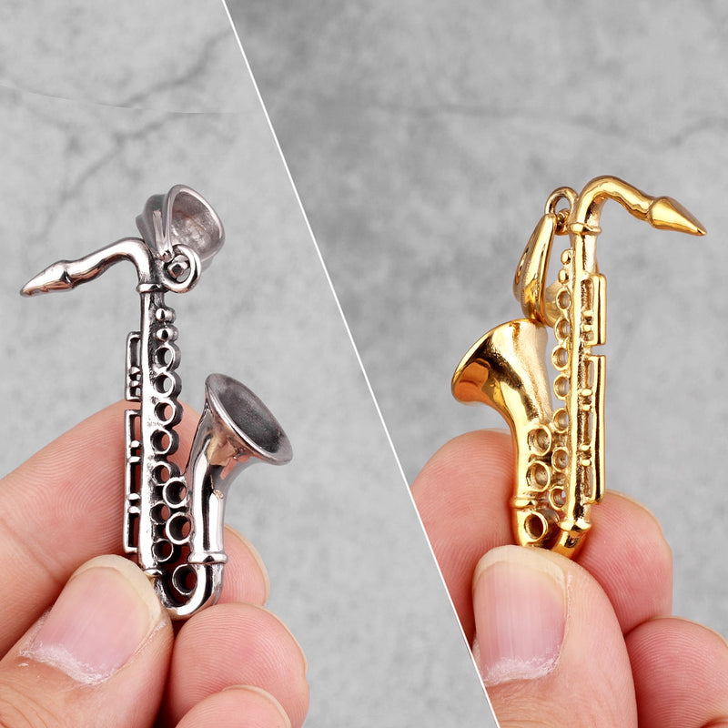 Saxophone Long Men Necklaces Pendant Chain Punk Cool Punk for Boyfriend Male Stainless Steel Jewelry Creativity Gift Wholesale