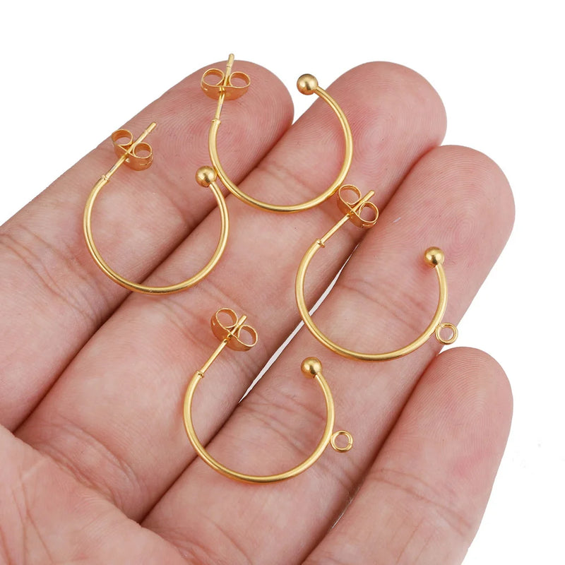 10pcs 18K Gold Plated Stainless Steel 15/20/25mm Earring Posts with Loop C Shape Ear Studs Earrings DIY Jewelry Making Supplies
