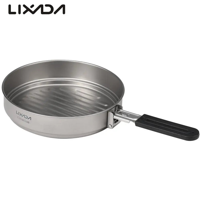 Lixada 1400ml Titanium Fry Pan with Foldable Handle Portable Ultralight Grill Frying Pan Outdoor Cooking Camping Picnic Cookware