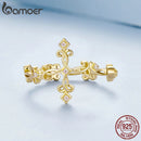 BAMOER 925 Sterling Silver Retro Pattern Cross Ring for Women 14K Gold Plated Flower Rings 3 Colors BSR041