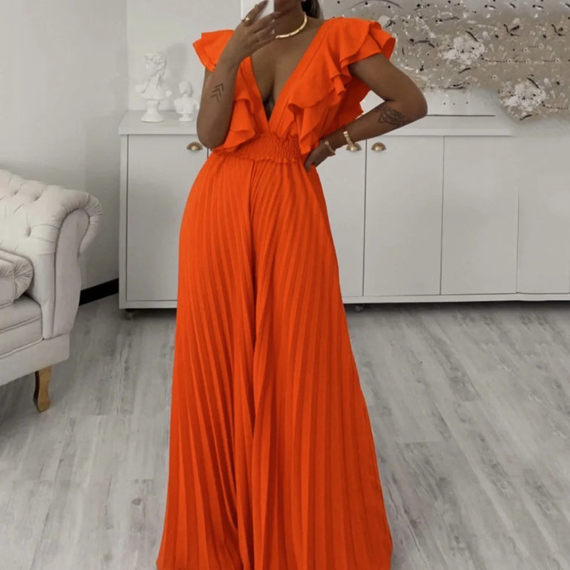 Elegant Pleated Jumpsuits & Rompers Women Deep V Neck Ruffles High Waisted Floor Length Luxury Birthday Party Dinner Outfits New