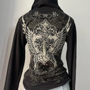 New gothic rhinestone print hip hop Harajuku zipper hoodie American retro design classic punk slim hottie black jacket y2k
