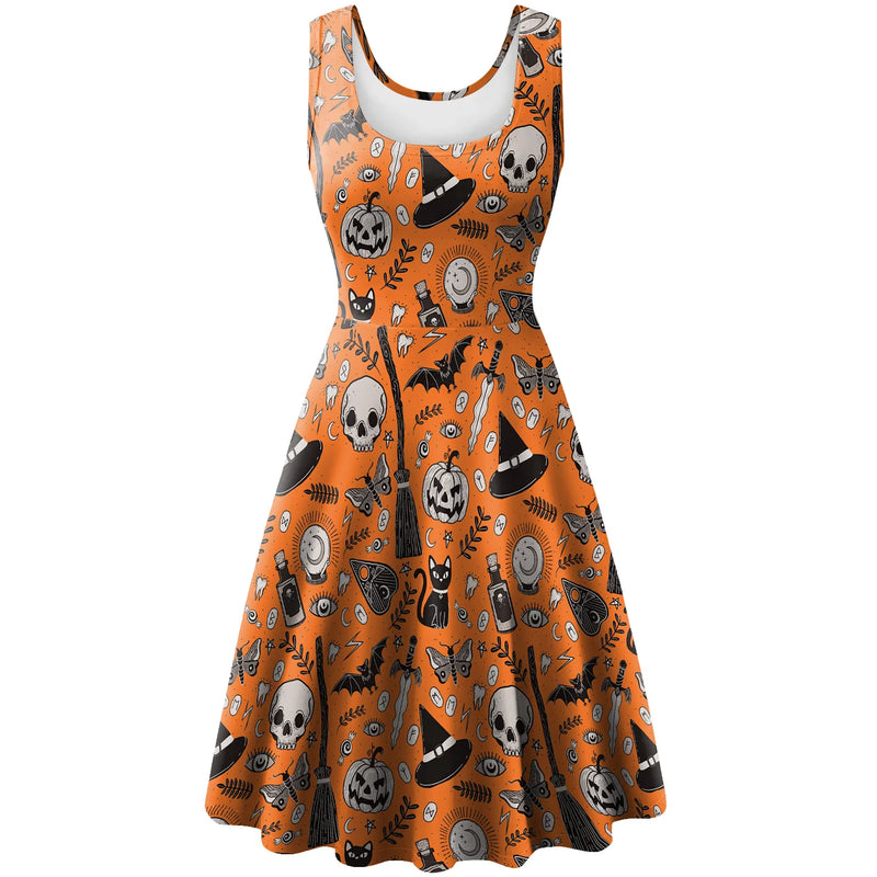 New Women's Skull Pumpkin Print Retro Vintage Sexy Tank Dress Halloween Christmas Party Prom Dress Elegant Cosplay Costumes