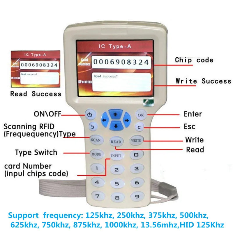 New English 10 Frequency Handheld RFID Duplicator IC/ID NFC Smart Chip Key Reader CUID UID T5577 Badge Writer Tag Card Copier