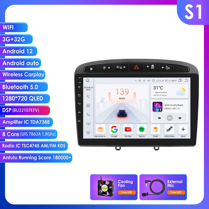 Hizpo 2Din Wirless CarPlay Android Auto Car Radio for 308 308S 408 2012 - 2020 UI7862 Headunit DSP RDS BT 4G GPS Navi 360° CAM