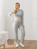 Women s Pants Outfits Solid Color Long Sleeve Boat Neck Crop Tops with Fold Over Trousers Set Streetwear