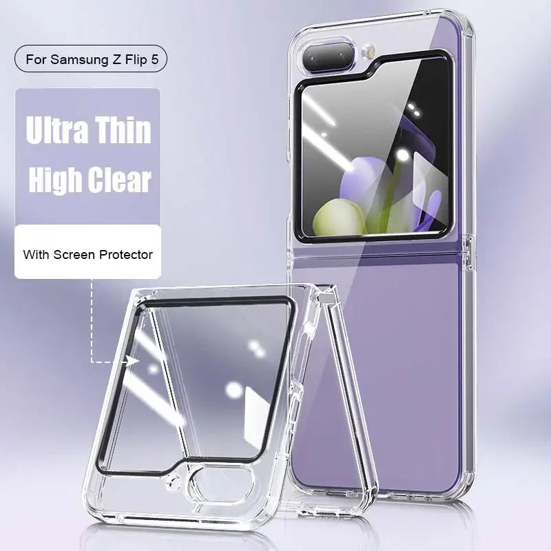 Transparent with Screen Protector Film Case for Samsung Z Flip 5 6 5g ZFlip 6 5 Shockproof Bumper Hard Cover Clear Z Flip5 Case