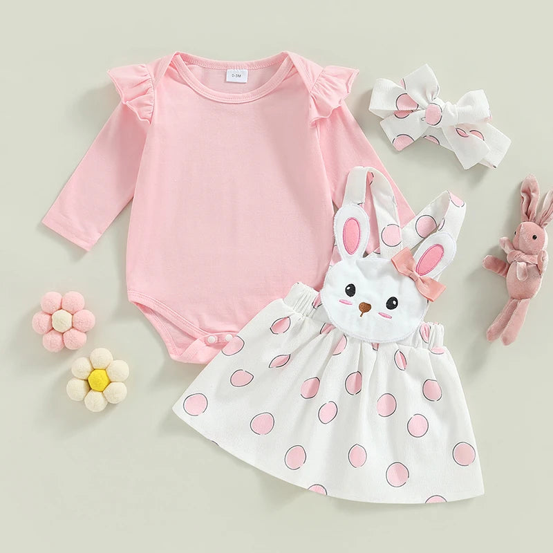 Easter Infant Baby Girls Jumpsuits Set Ruffle Long Sleeves Romper and Casual Cartoon Bunny Suspender Skirt Headband 3pcs Outfit
