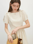 FSLE French Style Square Neck Dress for Women Bow Summer 2025 New Slim Fit Dress Midi-length 25FS12623