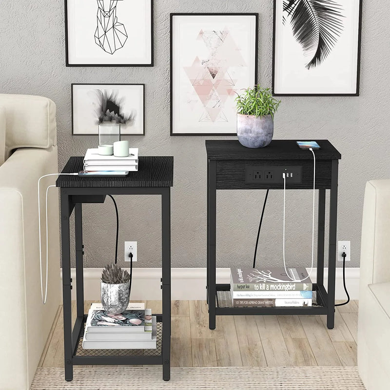 Night Stand Set of 2 Bedside table with Charging Station Small EndTable with USB Ports and Power Outlets for Bedroom Living Room