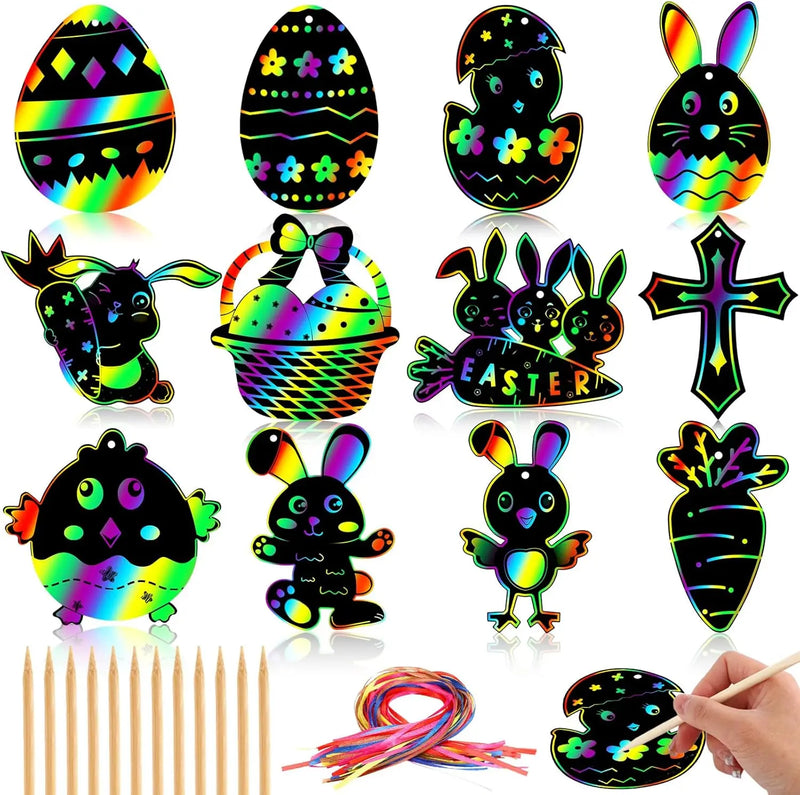 12pcs Easter Magic Scratch Paint Easter Eggs Crafts DIY for Making Holiday Gifts Egg Basket Fillers Party Decorations