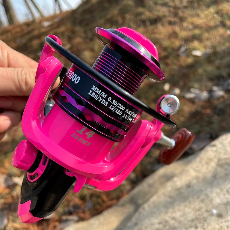 Fishing Reels with Fish Alarm Drag 5-12KG Spinning Reel OE 2000 3000 4000 5000 6000 7000 Series Metal Spool 5.2:1 Green Pink