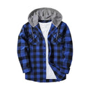 Fall Spring Men Hooded Shirt Color Matching Plaid Print Single-breasted Male Shirt Coat Casual Drawstring Long Sleeves Outerwear