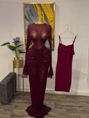 CM.YAYA 2025 Fall Women Long Sleeve Stacked Mesh See Though with Lining Bodycon Long Dress Evening Birthday Sexy Party Dresses